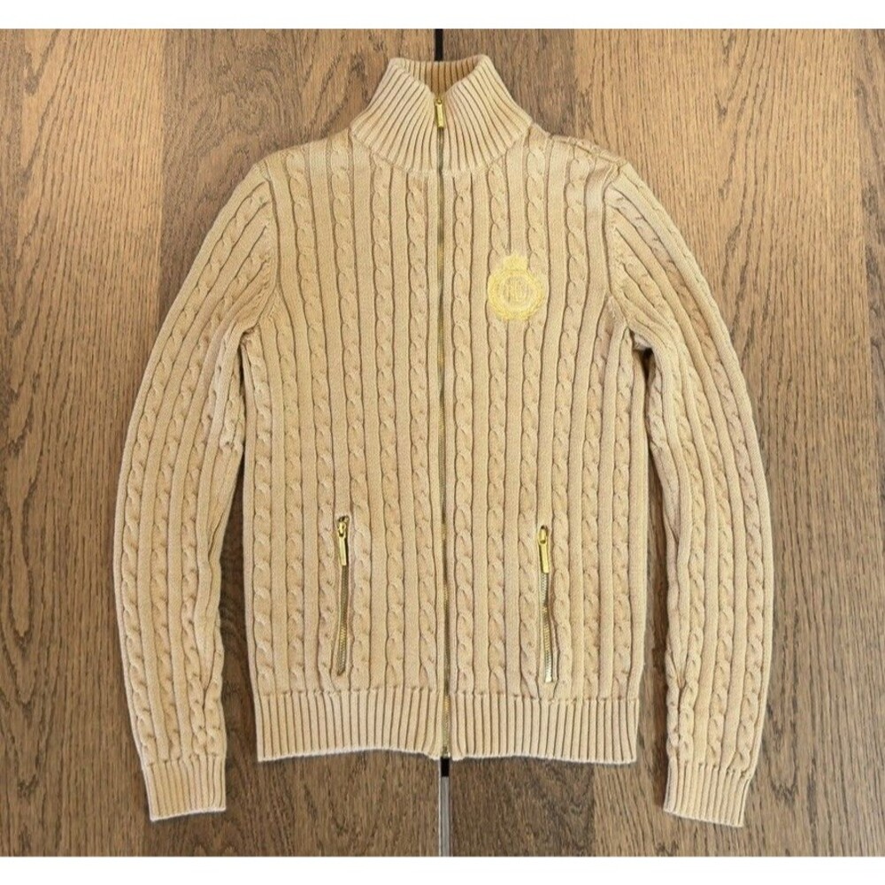 Ralph Lauren Cable Knit Zip Cardigan Sweater Womens Sz XS Tan Camel Gold Crest